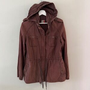 Y2K Old Navy Womens Brown Linen Blend Hooded Utility Field Jacket Medium RN54023